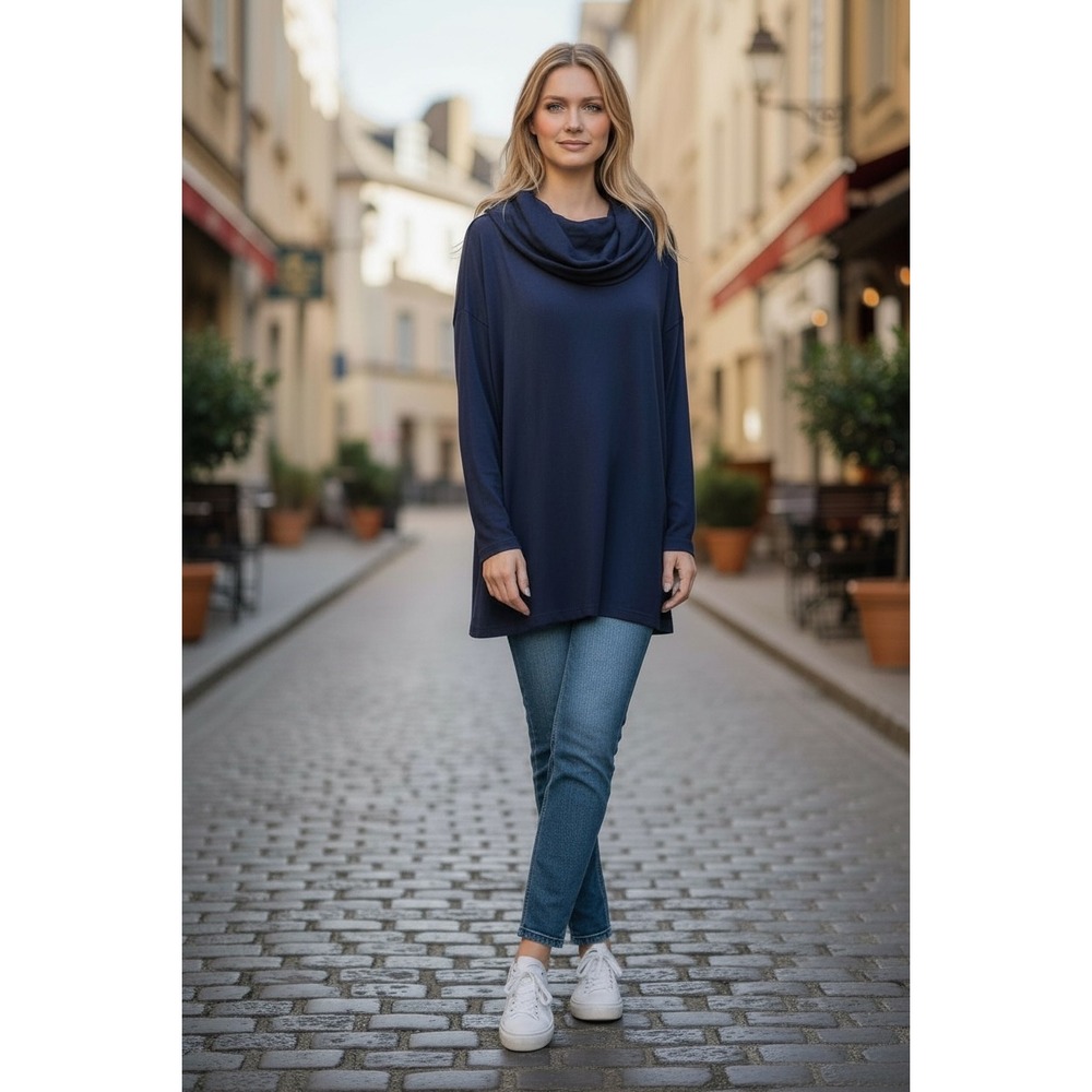 Lou & Grey Navy Blue Cowl Neck Long‎ Sleeve Tunic Top XXS Cozy Soft